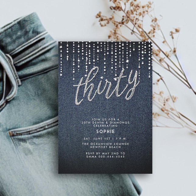 Denim Diamond Glitter driver Modern 30års födelsed Inbjudningar (denim diamonds 30th birthday for women invitation glitter drippings drips modern calligraphy simple)
