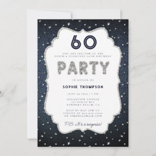 Denim Diamond Glitter Ram 60:e Födelsedagsfesten Inbjudningar