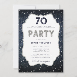 Denim Diamond Glitter Ram 70:e Födelsedagsfesten Inbjudningar