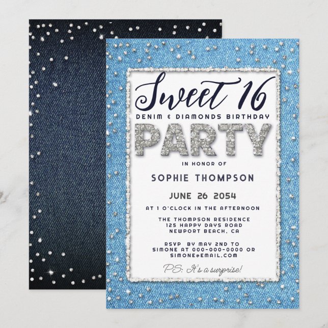 Denim Diamond Glitter Ram Sweet 16 Party Girly Inbjudningar (Fram/baksida)