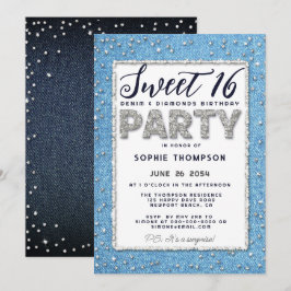 Denim Diamond Glitter Ram Sweet 16 Party Girly Inbjudningar