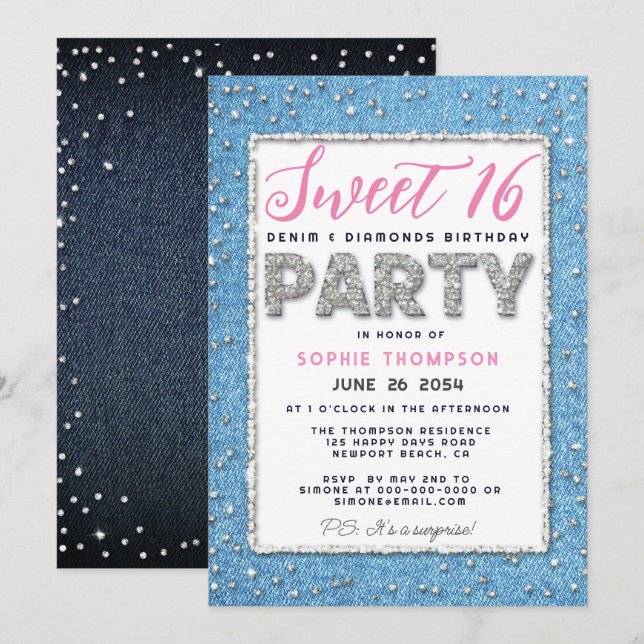 Denim Diamond Glitter Ram Sweet 16 Party Rosa Inbjudningar (Fram/baksida)
