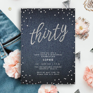 Denim Diamond Glitter Simple Modern 30års födelsed Inbjudningar
