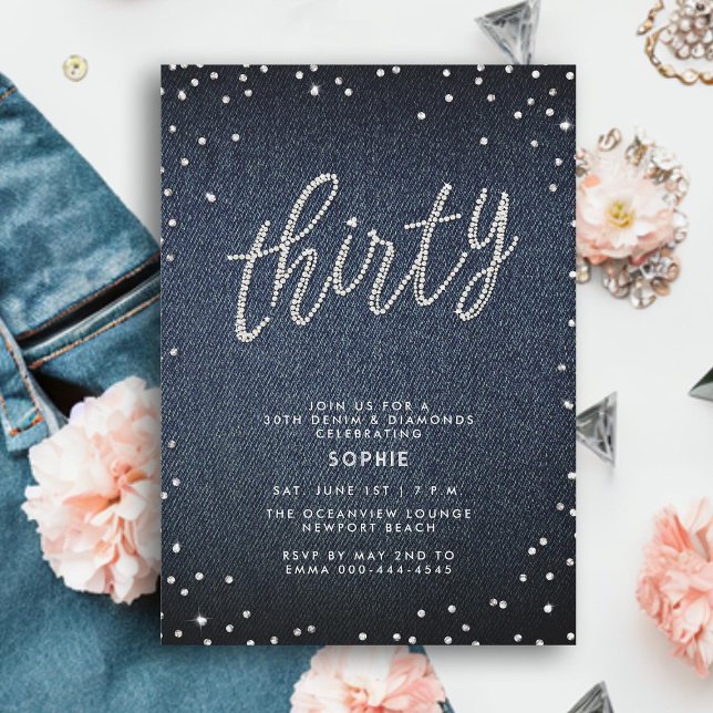 Denim Diamond Glitter Simple Modern 30års födelsed Inbjudningar (denim diamonds 30th birthday invitation for women modern calligraphy simple rhinestones classy)