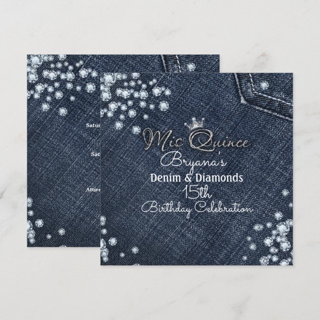 Denim & Diamond MIS QUINCE Crown-festinvitationer Inbjudningar (Fram/baksida)