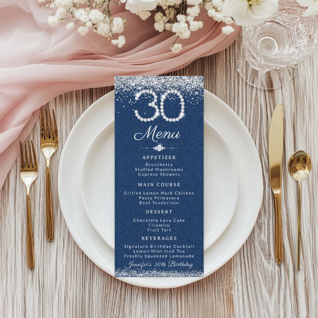 Denim & Diamonds 30års födelsedag-menyn för innerp Meny (Denim and Diamonds 30th Birthday Dinner Menu Card)