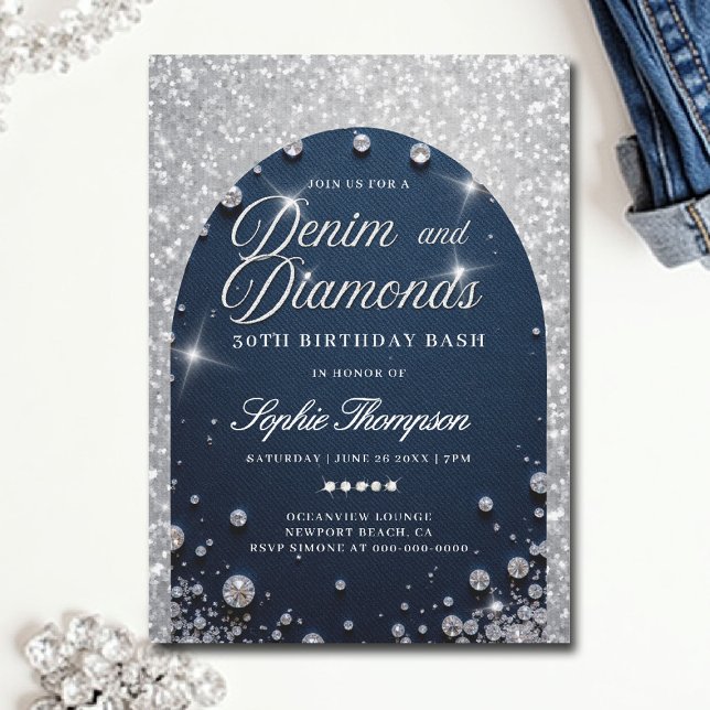 Denim Diamonds Arch Bling 30års födelsedag Party Inbjudningar (denim and diamonds birthday party invitations 30th 50th sweet 16 elegant classy blue white bling)