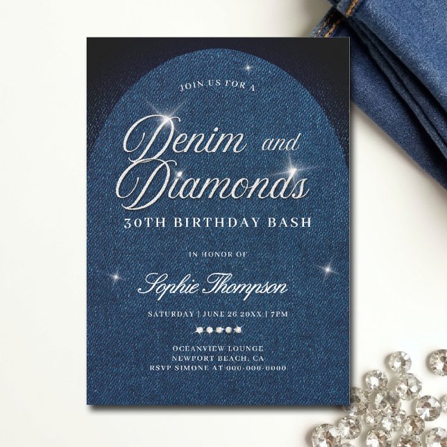 Denim Diamonds Arch Script 30års födelsedag Party Inbjudningar (denim and diamonds invitation template 30th 50th sweet 16 elegant classy arch script)