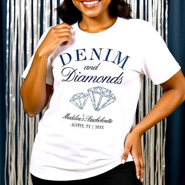Denim Diamonds Bachelorette Party Crew Anpassnings T Shirt (denim diamonds bachelorette shirt navy blue white matching bride crew cowgirl girls trip)