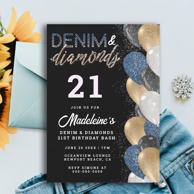 Denim Diamonds Balloons Arch Modern 21:a födelseda Inbjudningar (denim diamonds 21st birthday invitation for women balloons arch modern elegant classy stylish cute)