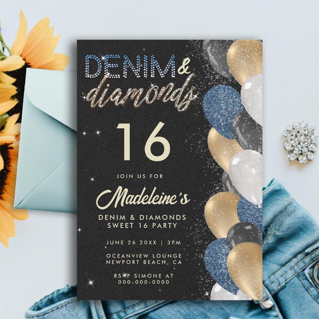 Denim Diamonds Balloons Arch Sweet 16 Birthday Inbjudningar (denim diamonds sweet 16 balloon arch denim gold black elegant girly chic modern trendy sweet )