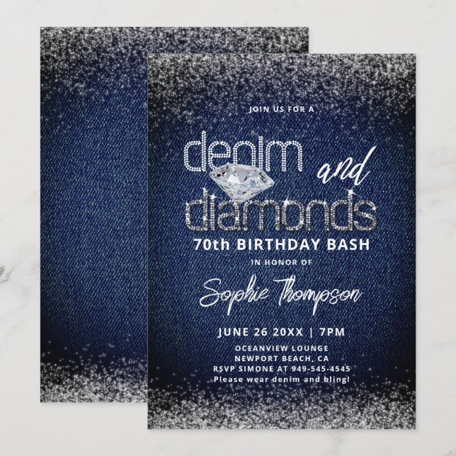 Denim Diamonds Blå Vit Elegant 70-årsdag Inbjudningar (Fram/baksida)