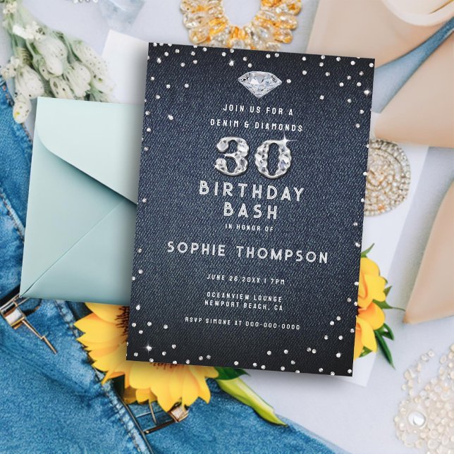 Denim Diamonds Bling 30års födelsedag Party Inbjudningar (denim and diamonds 30th birthday party invitation for women elegant modern simple classy minimalist)