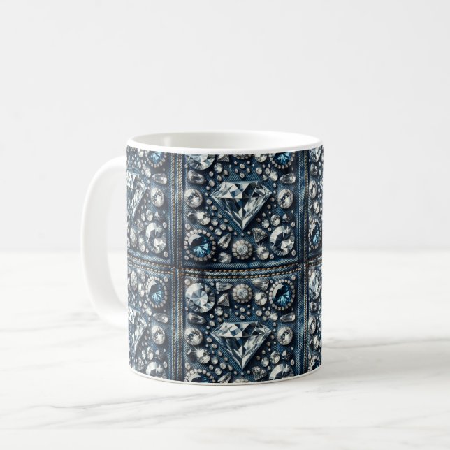 Denim & Diamonds Bling Ädelsten Glam Smycken Kaffemugg (Framsida vänster)