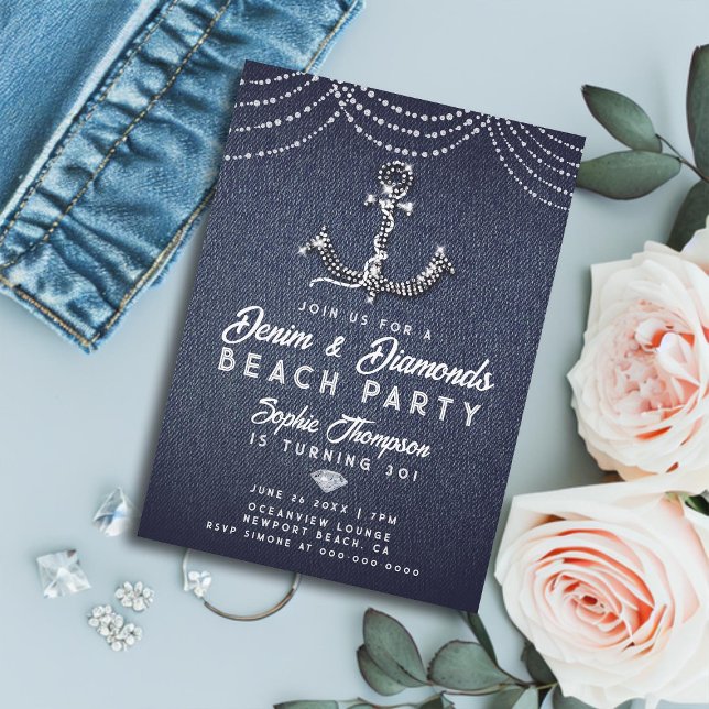 Denim Diamonds Bling Anchor Beach Födelsedagsfest Inbjudningar (denim and diamonds 30th birthday party invitation for women elegant bling boat anchor beach classy)