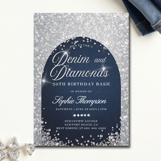 Denim Diamonds Bling Arch 30års födelsedag Party Inbjudningar (denim and diamonds theme party invitations 30th 50th sweet 16 elegant classy blue white bling )