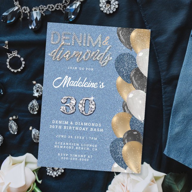 Denim Diamonds Bling Balloons Arch-Födelsedagsfest Inbjudningar (denim and diamonds 30th birthday party invitation for women balloons arch elegant classy chic gold)