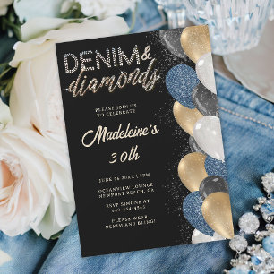 Denim Diamonds Bling Balloons Black 30års födelsed Inbjudningar