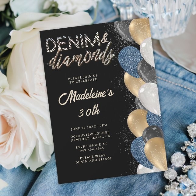 Denim Diamonds Bling Balloons Black 30års födelsed Inbjudningar (denim and diamonds 30th birthday party invitation women balloons arch black gold elegant classy)