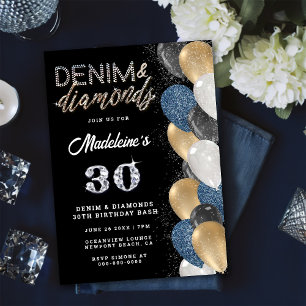 Denim Diamonds Bling Balloons Black Födelsedagsfes Inbjudningar