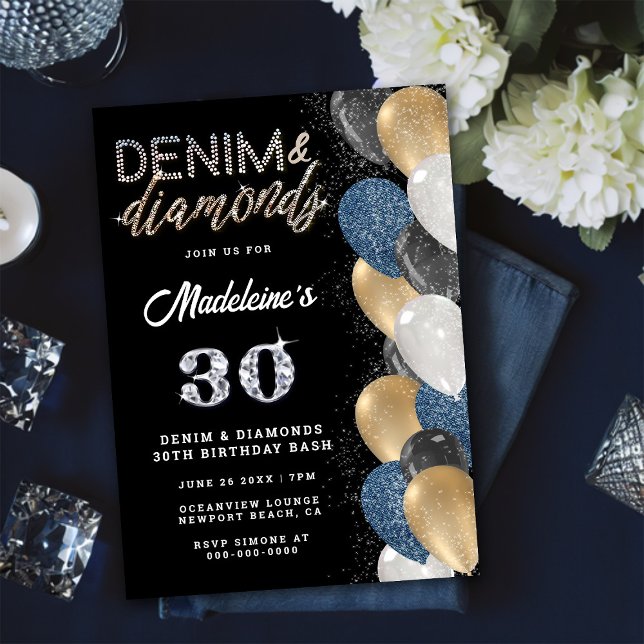 Denim Diamonds Bling Balloons Black Födelsedagsfes Inbjudningar (Skapare uppladdad)