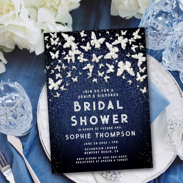 Denim Diamonds Bling Butterflies Möhippa Inbjudningar (Skapare uppladdad)