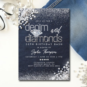 Denim Diamonds Bling Classy 30års födelsedag Party Inbjudningar