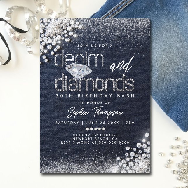 Denim Diamonds Bling Classy 30års födelsedag Party Inbjudningar (denim and diamonds party invitations 30th 50th sweet 16 elegant classy blue white bling template)