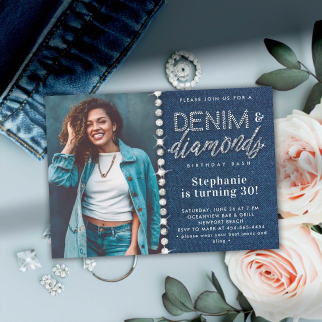 Denim Diamonds Bling Classy Photo 30års födelsedag Inbjudningar (denim and diamonds party 30th birthday invitation for women blue white photo classy bling glitz chic)