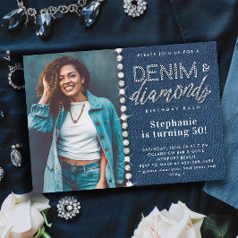 Denim Diamonds Bling Classy Photo 50:e födelsedage Inbjudningar