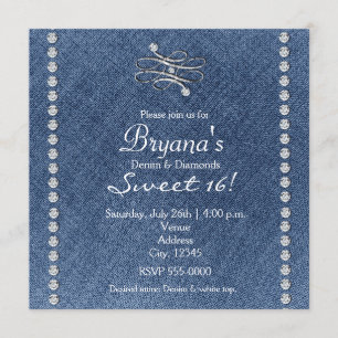 Denim Diamonds Bling Emblem Söta 16 Inbjudan