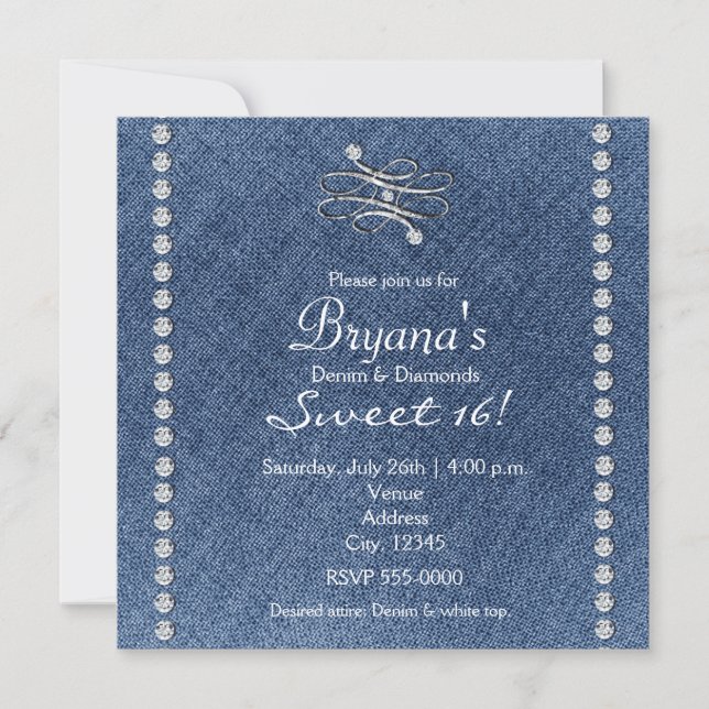 Denim Diamonds Bling Emblem Sweet 16 Inbjudan (Framsida)