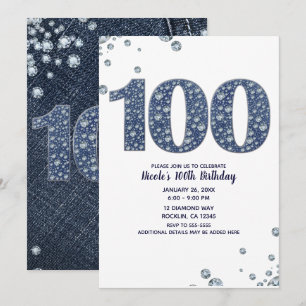 Denim & Diamonds Bling Glitter 100TH 100 Födelseda Inbjudningar