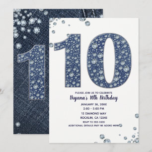 Denim & Diamonds Bling Glitter 10:e 10 Födelsedag Inbjudningar