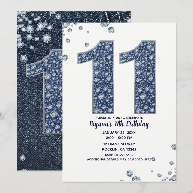 Denim & Diamonds Bling Glitter 11-årsdag 11 Födels Inbjudningar (Fram/baksida)