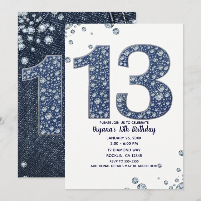 Denim & Diamonds Bling Glitter 13:e 13-årsdag Inbjudningar (Fram/baksida)