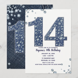 Denim & Diamonds Bling Glitter 14:e 14 Födelsedag Inbjudningar