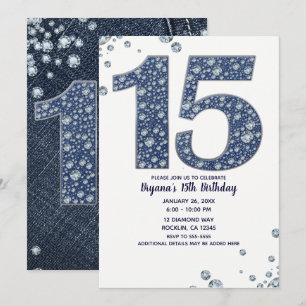 Denim & Diamonds Bling Glitter 15-årsdag 15 Födels Inbjudningar