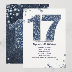 Denim & Diamonds Bling Glitter 17:e 17 Födelsedag Inbjudningar