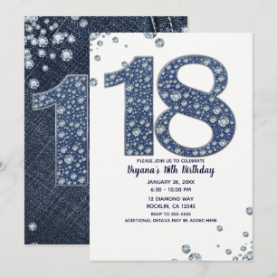 Denim & Diamonds Bling Glitter 18:e 18-årsdag Inbjudningar