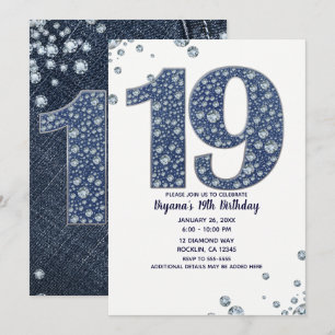 Denim & Diamonds Bling Glitter 19:e 19 Födelsedag Inbjudningar