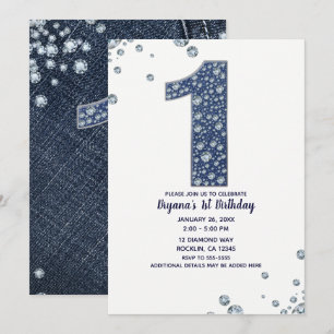 Denim & Diamonds Bling Glitter 1-årsdag 1 ONE Inbjudningar