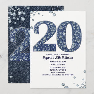 Denim & Diamonds Bling Glitter 20:e 20 Födelsedag Inbjudningar