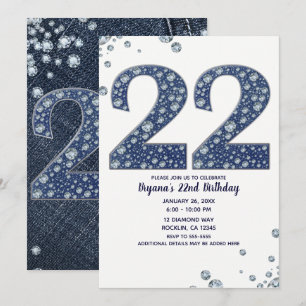 Denim & Diamonds Bling Glitter 22 22-årsdag Inbjudningar