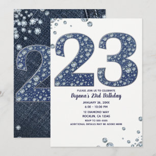 Denim & Diamonds Bling Glitter 23 23-årsdag Inbjudningar