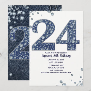 Denim & Diamonds Bling Glitter 24 24-årsdag Inbjudningar
