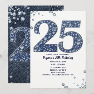 Denim & Diamonds Bling Glitter 25 25-årsdag Inbjudningar
