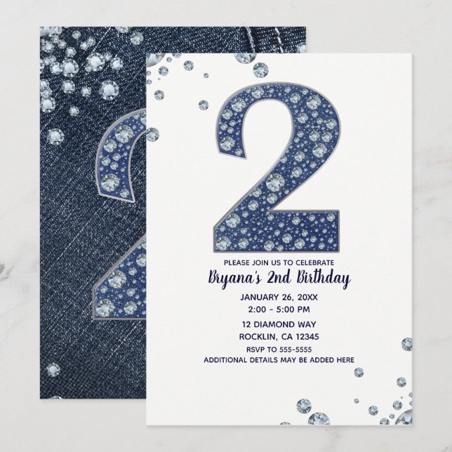 Denim & Diamonds Bling Glitter 2-ÅRS Födelsedag 2  Inbjudningar (Fram/baksida)