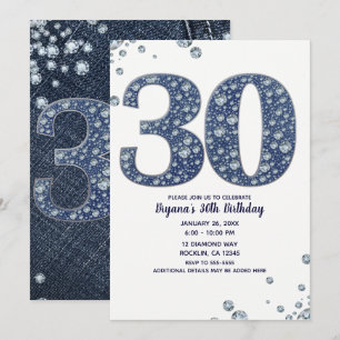 Denim & Diamonds Bling Glitter 30:e 30-årsdag Inbjudningar