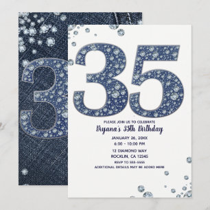 Denim & Diamonds Bling Glitter 35TH 35 Födelsedag Inbjudningar